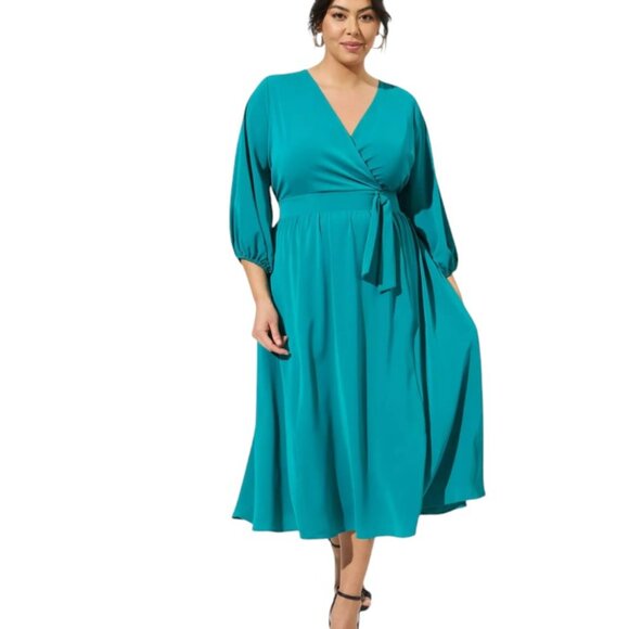 Torrid Teal Length Studio Refined Woven Surplice Dress, Plus Size, V-Neck, 2X - Picture 3 of 8